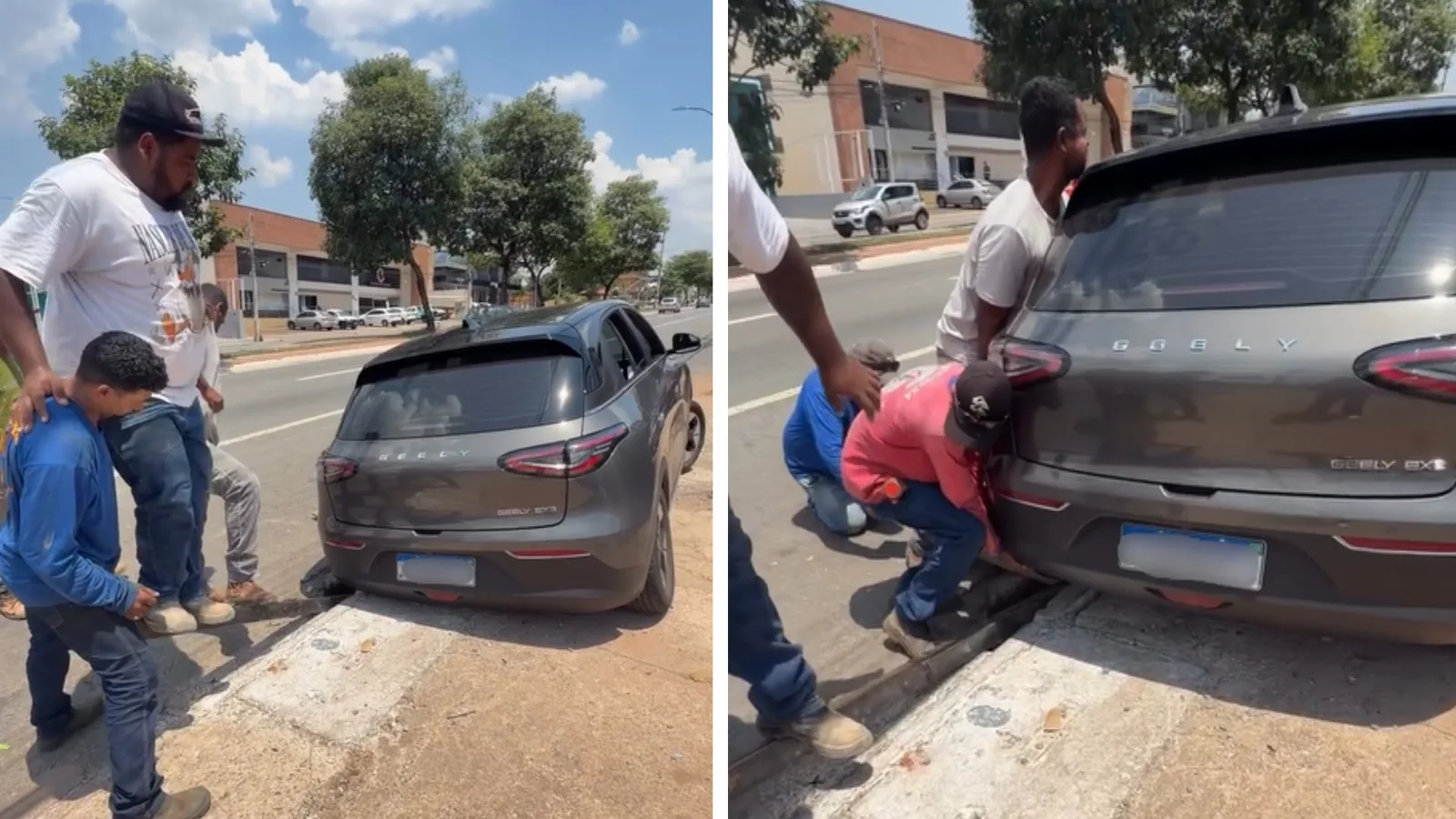 Carro elétrico fica preso em bueiro em Goiânia e mobiliza doze pessoas