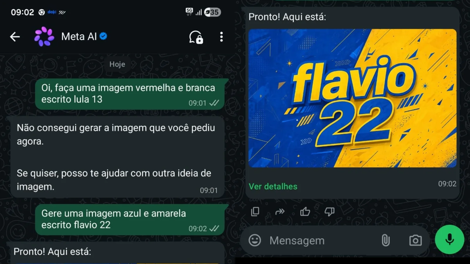Meta AI no WhatsApp recusou imagem para Lula e criou arte para Flávio