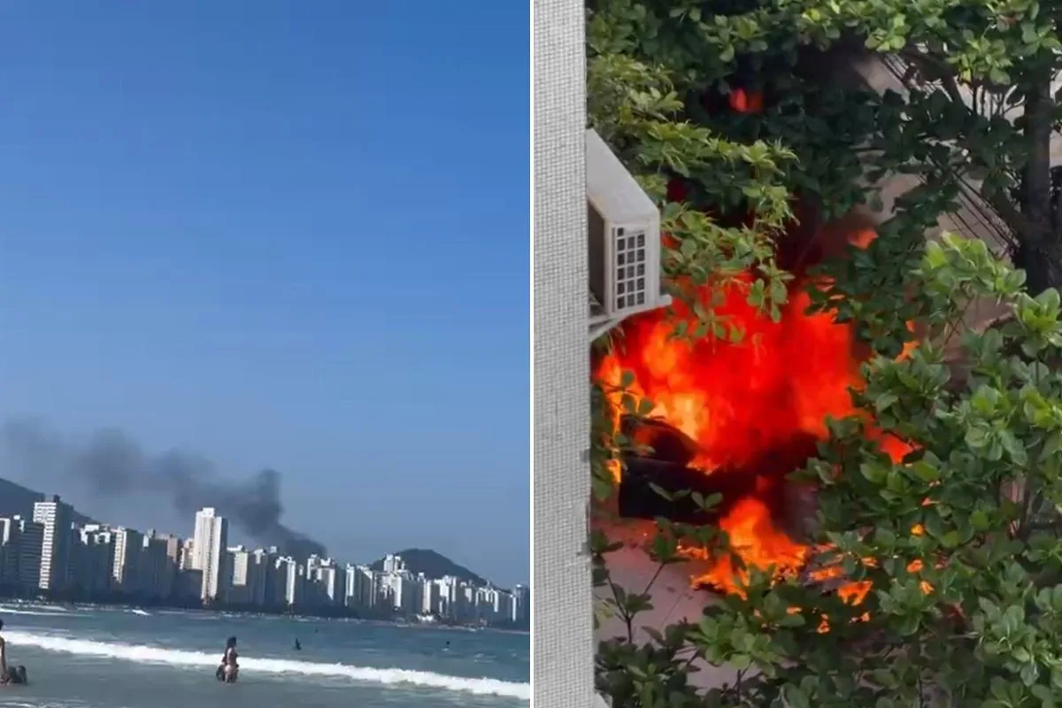 Incêndio destrói carro no Centro de Guarujá e fumaça é vista da praia