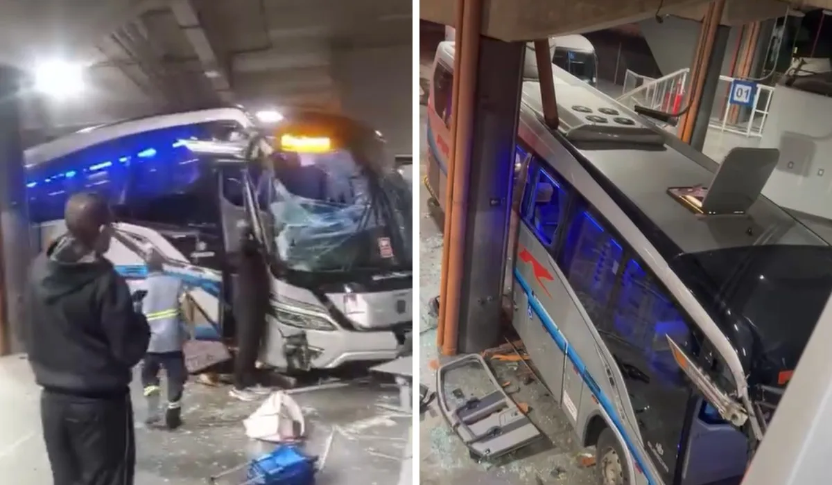 Ônibus invade área de embarque e deixa duas pessoas feridas em Campinas