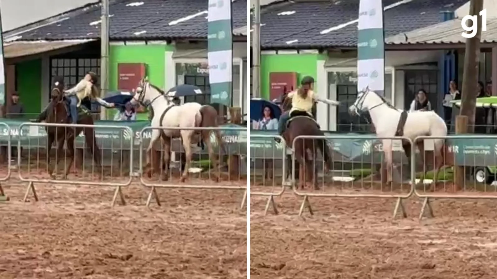 Kaila segura rédeas após cavalo derrubar cavaleira e grades na Expointer