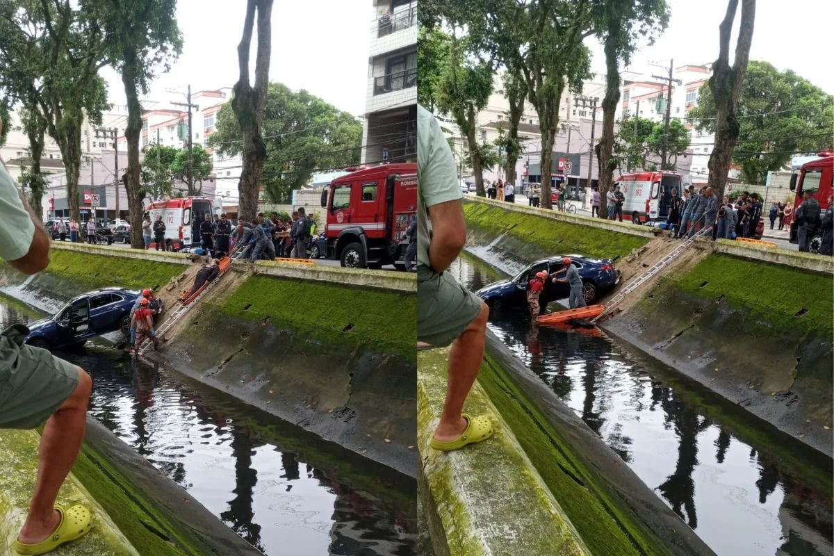 Idoso fica ferido após carro cair no canal 3, em Santos